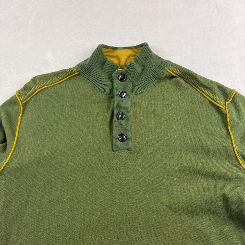 Sundance Henley Sweater Mens Large Green 100% Cotton‎ Mock Neck Long Sleeve Knit